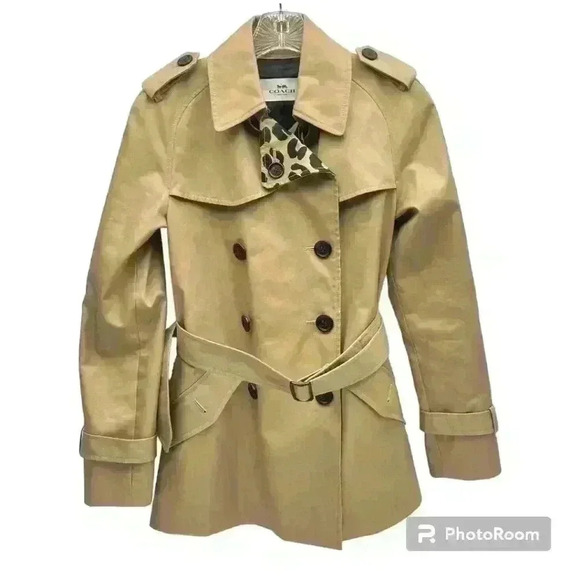 NWOT Coach Khaki and Leopard Belted Short trench coat size xs - Picture 10 of 17